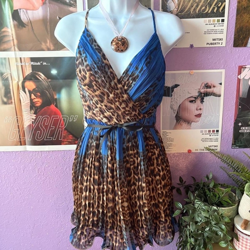 Y2K Blue Leopard Print Pleated Babydoll Dress Size S